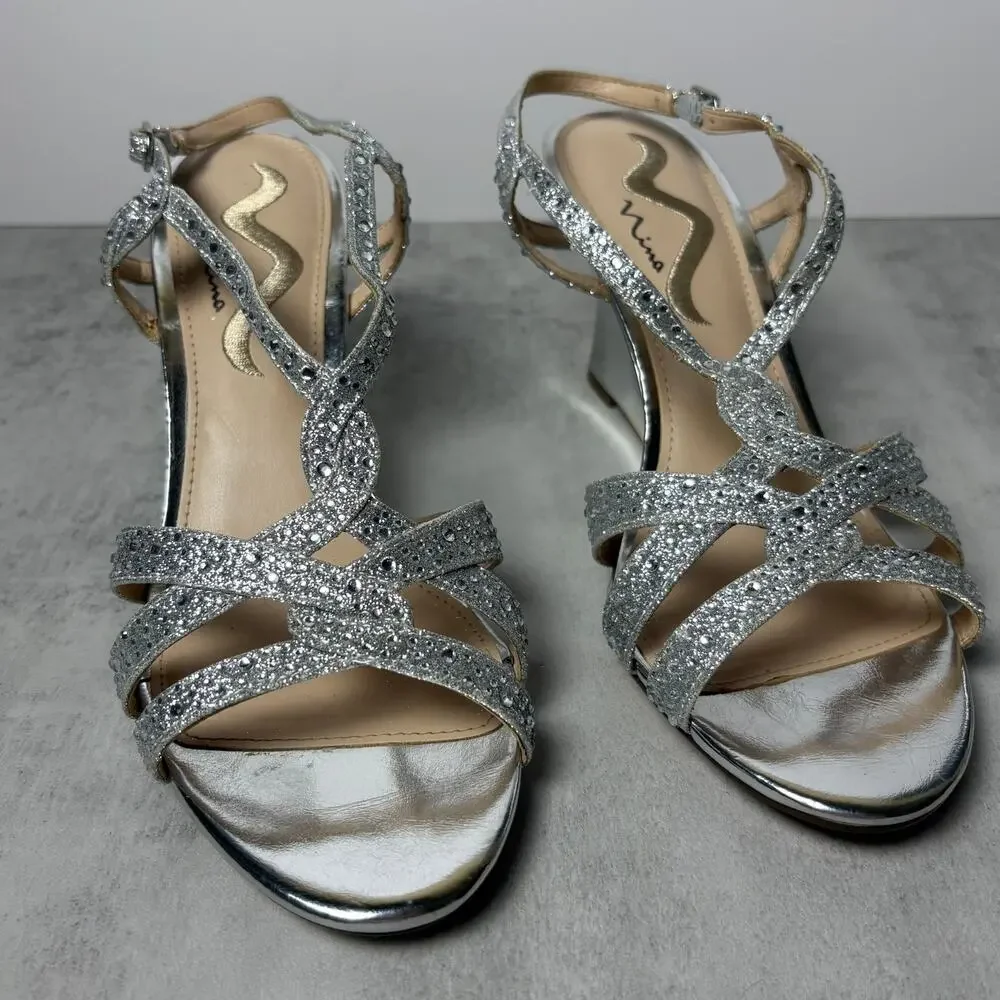 Nina Vanida Wedge Strappy Silver Glitter Rhinestone Dress Sandal Women's 9.5 - Picture 1 of 12
